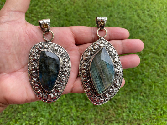 Large Healing Crystal Labradorite with Citrine Gemstone Tibetan Silver Pendant, Labradorite Jewelry for Women, Handmade Gemstone Jewelry