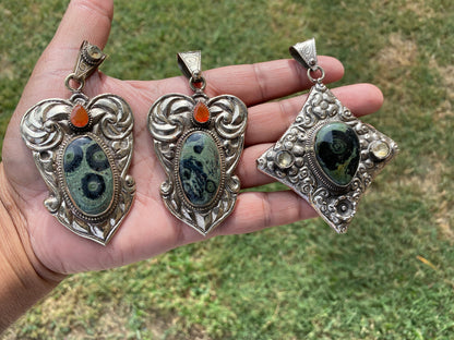 Large Kambaba Jasper With Carnelian Natural Stone, Tibetan Silver Pendant, Ethnic Jewelry, Jewelry for Women, Necklace Pendant Jewelry