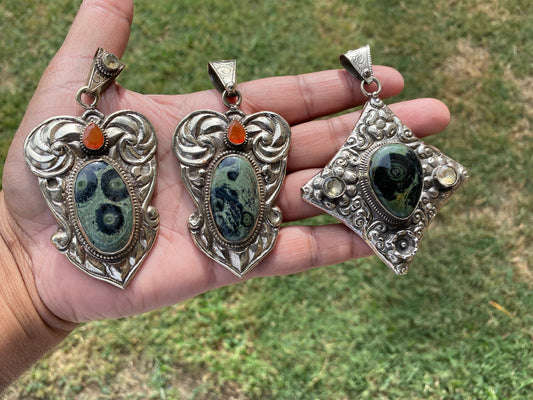 Large Kambaba Jasper With Carnelian Natural Stone, Tibetan Silver Pendant, Ethnic Jewelry, Jewelry for Women, Necklace Pendant Jewelry