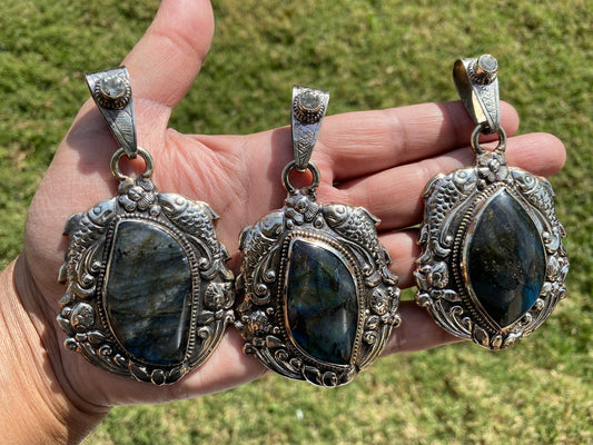 Large Labradorite Natural Stone Tibetan Silver Pendant, Aquamarine Gemstone, Etheric Tibetan Jewelry, Women's Jewelry, Birthstone Locket,