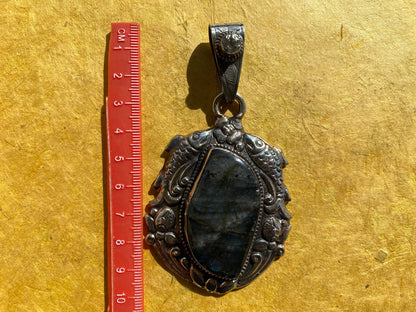 Large Labradorite Natural Stone Tibetan Silver Pendant, Aquamarine Gemstone, Etheric Tibetan Jewelry, Women's Jewelry, Birthstone Locket,