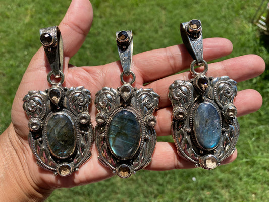 Large Labradorite Pendant with Smoky Topaz Gemstone, Tibetan Silver, Jewelry from Nepal, Gemstone Protection Amulet, Healing Crystal Pendant