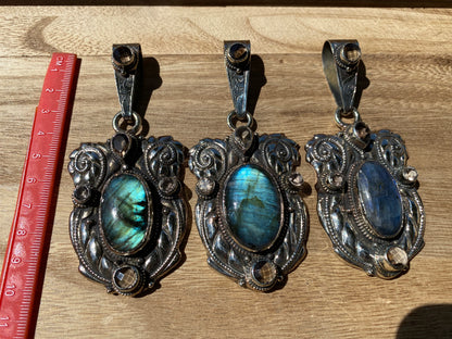 Large Labradorite Pendant with Smoky Topaz Gemstone, Tibetan Silver, Jewelry from Nepal, Gemstone Protection Amulet, Healing Crystal Pendant