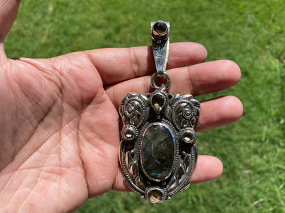 Large Labradorite Pendant with Smoky Topaz Gemstone, Tibetan Silver, Jewelry from Nepal, Gemstone Protection Amulet, Healing Crystal Pendant