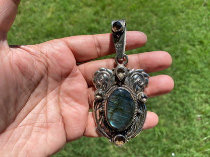 Large Labradorite Pendant with Smoky Topaz Gemstone, Tibetan Silver, Jewelry from Nepal, Gemstone Protection Amulet, Healing Crystal Pendant