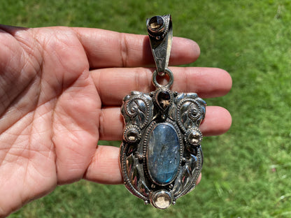 Large Labradorite Pendant with Smoky Topaz Gemstone, Tibetan Silver, Jewelry from Nepal, Gemstone Protection Amulet, Healing Crystal Pendant