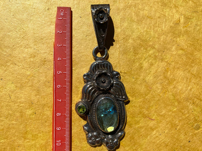 Large Labradorite Tibetan Silver Pendant, Peridot Gemstone, Handcrafted Monkey or Flower Design, Himalayan Ethnic Jewelry, Healing Crystal