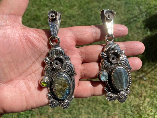 Large Labradorite Tibetan Silver Pendant, Peridot or Aquamarine Gemstone, Handcrafted Flower Design, Ethnic Jewelry, Healing Crystal Pendant