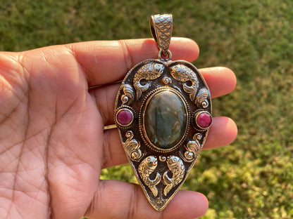 Large Labradorite with Ruby Gemstone, Tibetan Silver Pendant, Healing Crystal Jewelry from Nepal, Women's Ethnic Jewelry, Birthstone Pendant