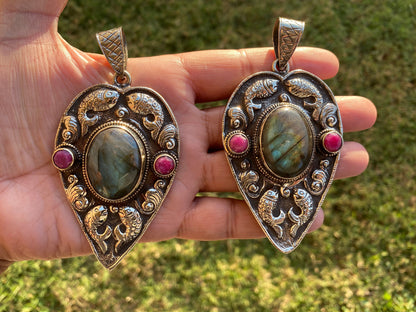 Large Labradorite with Ruby Gemstone, Tibetan Silver Pendant, Healing Crystal Jewelry from Nepal, Women's Ethnic Jewelry, Birthstone Pendant