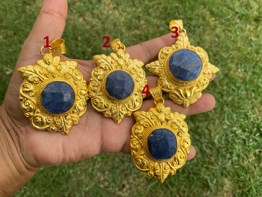 Large Lapis Lazuli Natural Stone Pendant, Non Tarnish Gold Overlay, Luxury Accessory, Handcrafted Jewelry, Statement Piece, Elegant Jewelry