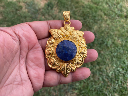 Large Lapis Lazuli Natural Stone Pendant, Non Tarnish Gold Overlay, Luxury Accessory, Handcrafted Jewelry, Statement Piece, Elegant Jewelry