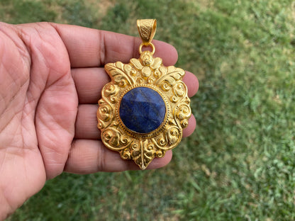 Large Lapis Lazuli Natural Stone Pendant, Non Tarnish Gold Overlay, Luxury Accessory, Handcrafted Jewelry, Statement Piece, Elegant Jewelry