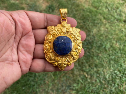 Large Lapis Lazuli Natural Stone Pendant, Non Tarnish Gold Overlay, Luxury Accessory, Handcrafted Jewelry, Statement Piece, Elegant Jewelry