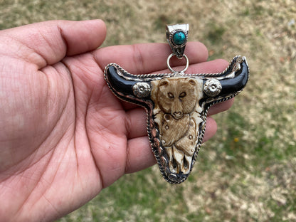 Large Longhorn with Bear Carved Bone with Coral or Turquoise Tibetan Silver Pendant, Bull Head Pendant, Bull Steer Skull, Jewelry for Men