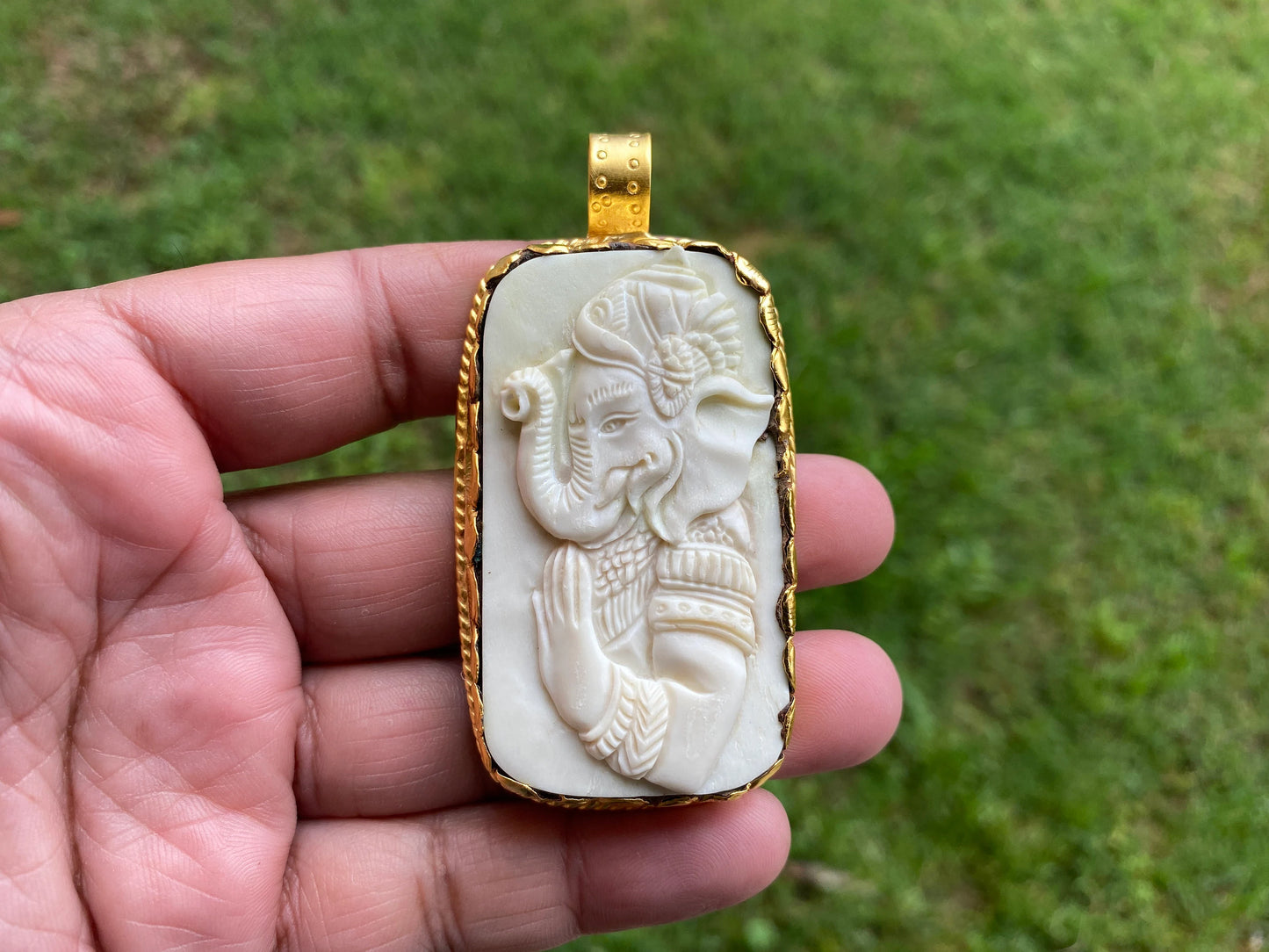 Large Lord Ganesh 18K Brushed Gold Overlay Non Tarnish Tibetan Pendant, Buffalo Bone, Yoga Pendant, Spiritual Pendant, for Men or Women