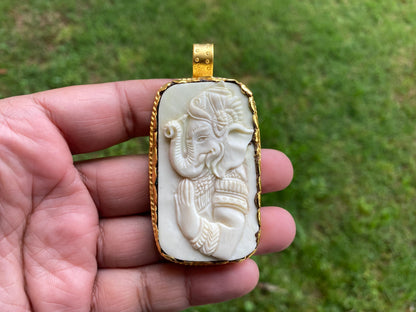 Large Lord Ganesh 18K Brushed Gold Overlay Non Tarnish Tibetan Pendant, Buffalo Bone, Yoga Pendant, Spiritual Pendant, for Men or Women