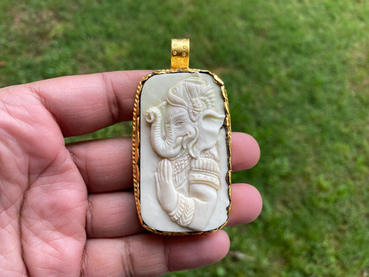 Large Lord Ganesh 18K Brushed Gold Overlay Non Tarnish Tibetan Pendant, Buffalo Bone, Yoga Pendant, Spiritual Pendant, for Men or Women
