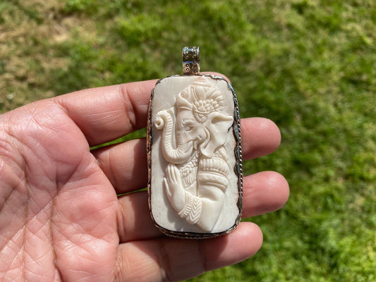 Large Lord Ganesh Hand Carved Buffalo Bone Tibetan Silver Pendant, Yoga Pendant, Ethnic Jewelry, Spiritual Pendant, Jewelry for Men or Women