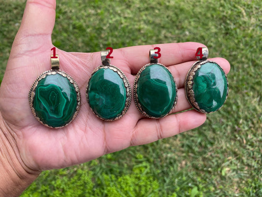 Large Malachite Natural Stone Tibetan Silver Pendant, Ethnic Jewelry, Energy Stone Pendant, Healing Crystal, Nature Inspired Jewelry, Boho