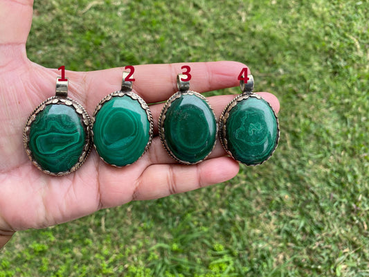 Large Malachite Natural Stone Tibetan Silver Pendant, Ethnic Jewelry, Energy Stone Pendant, Healing Crystal, Nature Inspired Jewelry, Boho