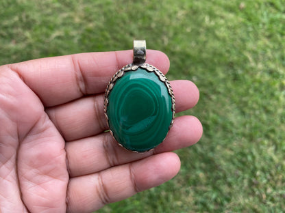 Large Malachite Natural Stone Tibetan Silver Pendant, Ethnic Jewelry, Energy Stone Pendant, Healing Crystal, Nature Inspired Jewelry, Boho