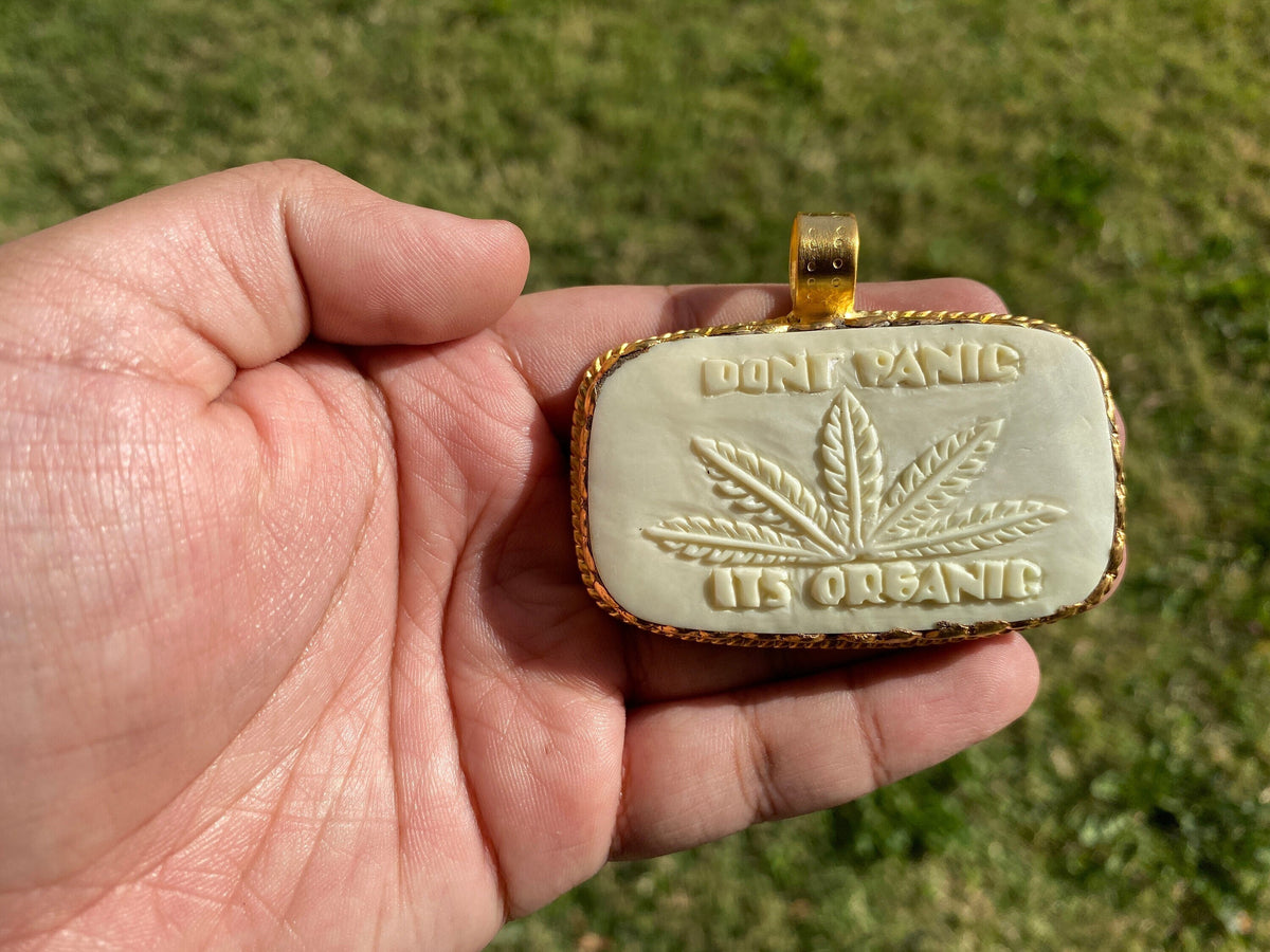 Large Marijuana Cannabis Leaf Gold Pendant, Non Tarnish High Quality 18k Brushed Gold Overlay, Carved Buffalo Bone Jewelry, Cannabis Pendant