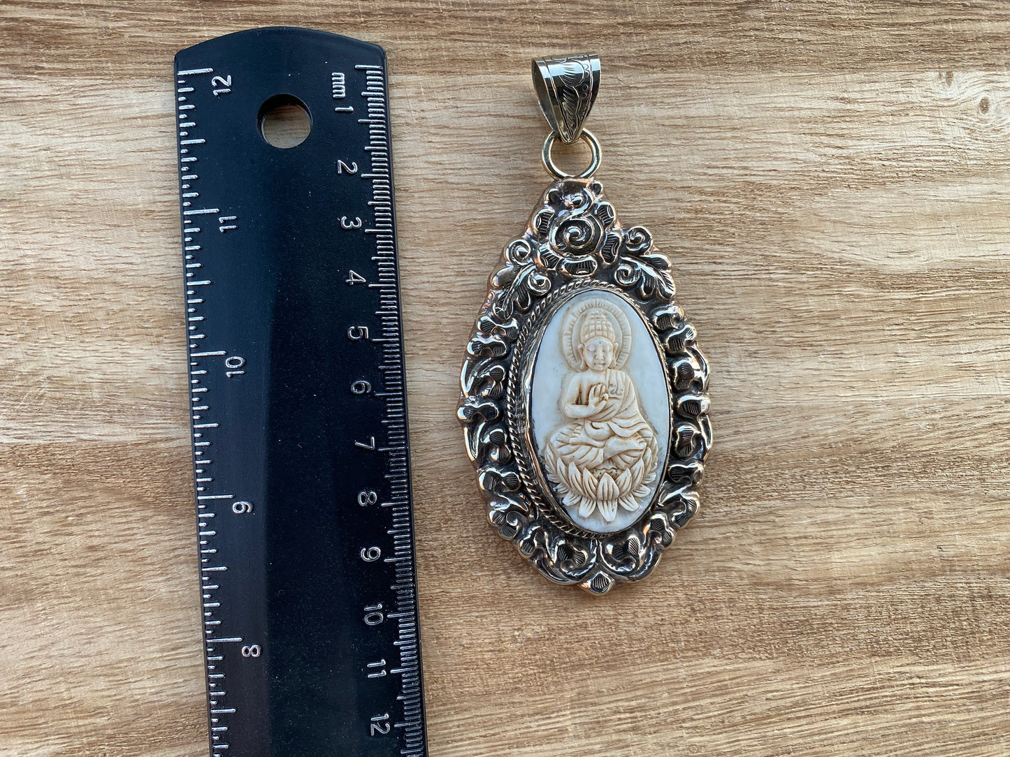 Large Meditating Buddha Tibetan Silver Pendant, Buffalo Bone Healing Yoga Jewelry, Tranquility Pendant, Unisex Pendant, Spiritual Amulets