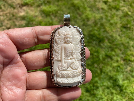Large Meditating Buddha Tibetan Silver Pendant, Buffalo Bone Healing Yoga Jewelry, Tranquility Pendant, Unisex Pendant, Spiritual