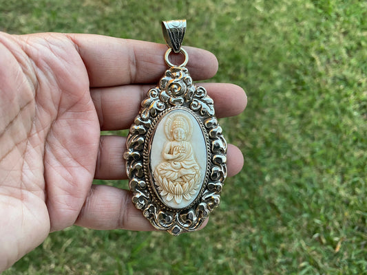 Large Meditating Buddha Tibetan Silver Pendant, Buffalo Bone Healing Yoga Jewelry, Tranquility Pendant, Unisex Pendant, Spiritual Amulets