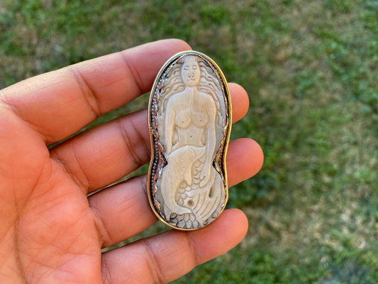 Large Mermaid Buffalo Bone Carved Tibetan Silver Pendant, Tibetan Pendant, Ethnic Jewelry, Lady of Water Locket, Jewelry for Men or Women