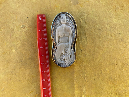 Large Mermaid Buffalo Bone Carved Tibetan Silver Pendant, Tibetan Pendant, Ethnic Jewelry, Lady of Water Locket, Jewelry for Men or Women