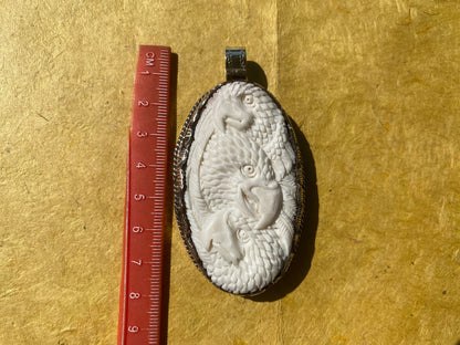 Large Multi Eagle Hand Carved Buffalo Bone Tibetan Silver Pendant, for Men or Women's Jewelry, Tribal Jewelry, Ethnic Jewelry, Carved Animal