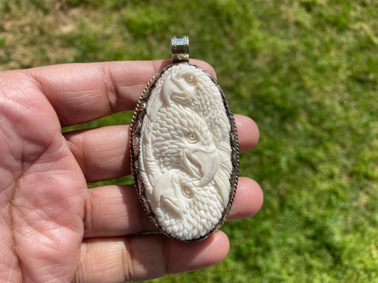 Large Multi Eagle Hand Carved Buffalo Bone Tibetan Silver Pendant, for Men or Women's Jewelry, Tribal Jewelry, Ethnic Jewelry, Carved Animal