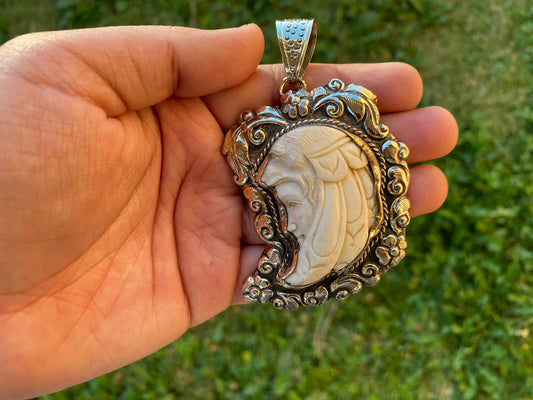 Large Native American Shaman Amulet Bone Carved Tibetan Silver Pendant, Wolf Goddess, Warrior Pendant, Bone Carved Wolf Pendant for Necklace
