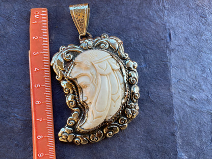 Large Native American Shaman Amulet Bone Carved Tibetan Silver Pendant, Wolf Goddess, Warrior Pendant, Bone Carved Wolf Pendant for Necklace