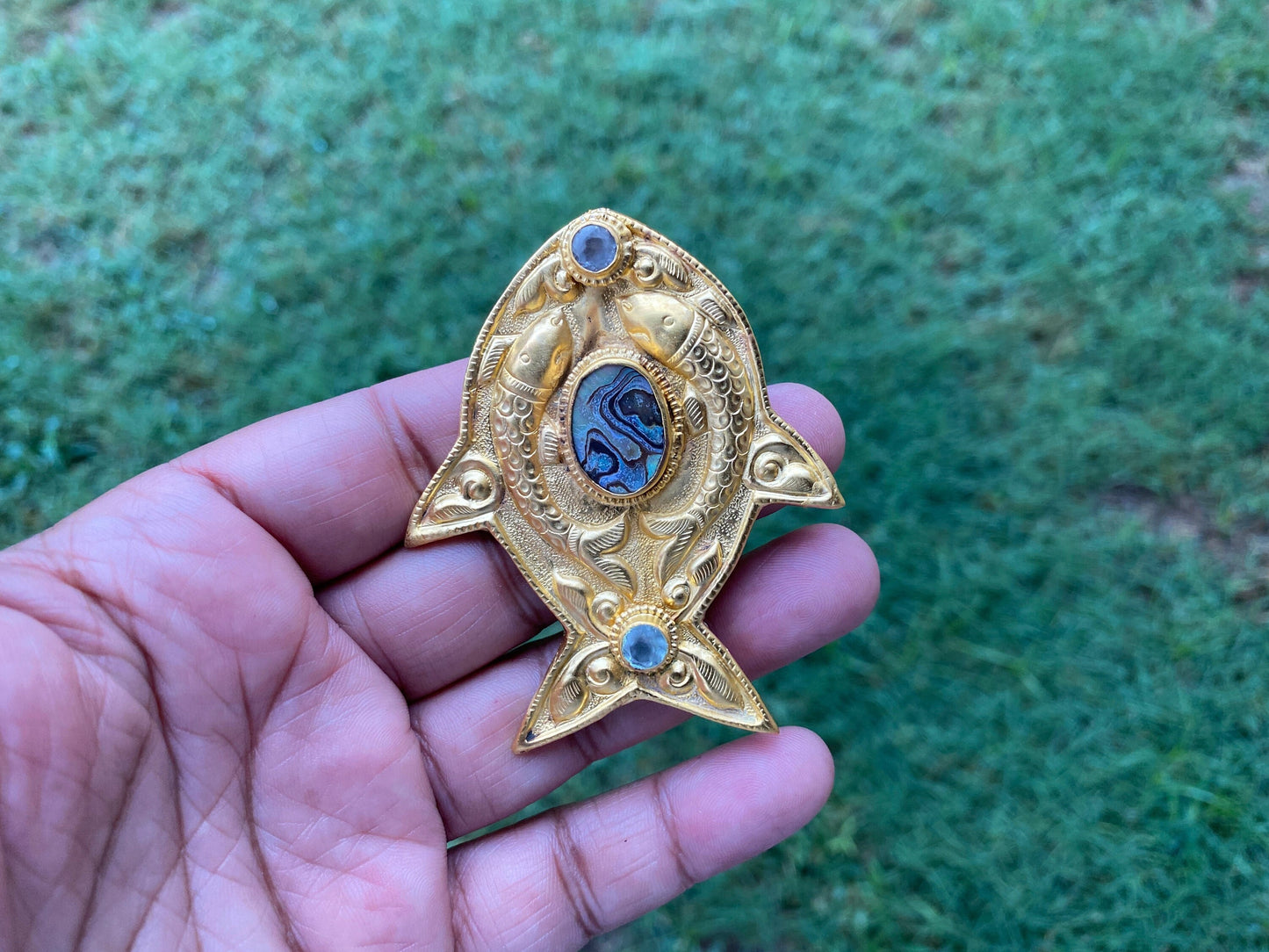 Large Natural Abalone Fish Shapes Pendant, High Quality 18K Brushed Gold Overlay Non Tarnish,  Light Weight Jewelry