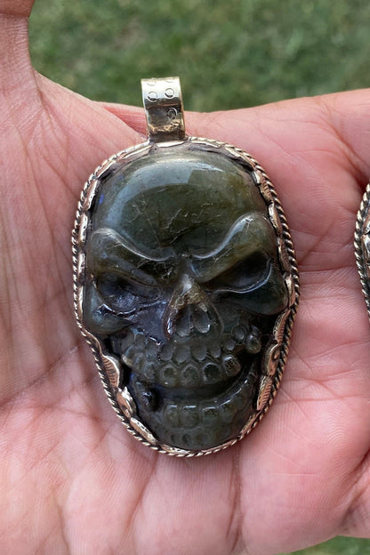 Large Natural Carved Labradorite Skull Tibetan Silver Pendant, Sugar Skull, Jewelry for Men or Women, Healing Crystal, Gemstone Pendant