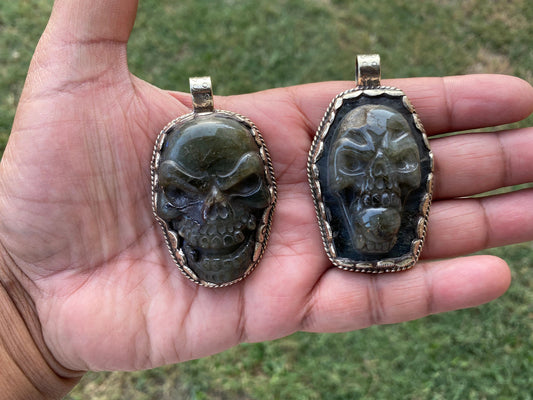 Large Natural Carved Labradorite Skull Tibetan Silver Pendant, Sugar Skull, Jewelry for Men or Women, Healing Crystal, Gemstone Pendant