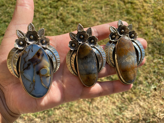 Large Natural Dendrite Agate Stone Tibetan Silver Pendant, Healing Stone, Christmas Gift, Birthday Pendant, Women Jewelry, Statement Pendant