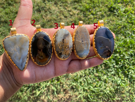 Large Natural Dendritic Opal Agate, High Quality 18K Brushed Gold Overlay, Non Tarnish Pendant, Gemstone, Tibetan Pendant, Women's Jewelry