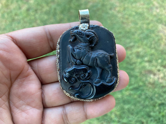 Large Obsidian Aries Zodiac Tibetan Silver Pendant, Unisex Zodiac Jewelry, Carved Stone Necklace Pendant, Astrology Pendant, Gift For Mom