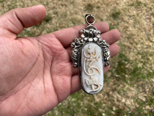 Large Om Trident Bone Tibetan Silver Pendant, Trident with Damaru, Shiva's Weapon, Hindu God Siva, Universal Symbol, Spiritual Hindu Amulet