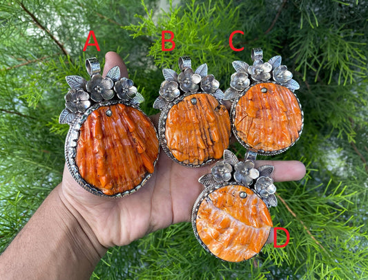 Large Orange Spiny Oyster Shell Tibetan Silver Pendant, boho-inspired Jewelry,Pendant for Necklace, Unique Bohemian Jewelry For men or Women