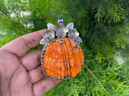 Large Orange Spiny Oyster Shell Tibetan Silver Pendant, boho-inspired Jewelry,Pendant for Necklace, Unique Bohemian Jewelry For men or Women