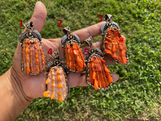 Large Orange Spiny Oyster Shell Tibetan Silver Pendant, Native American Style Jewelry, Southwestern Jewelry, for Men or Women, Spiky Thorny