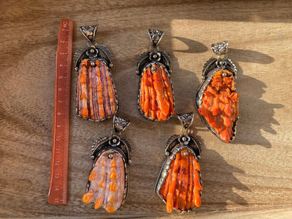 Large Orange Spiny Oyster Shell Tibetan Silver Pendant, Native American Style Jewelry, Southwestern Jewelry, for Men or Women, Spiky Thorny