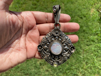 Large Pearl Tibetan Silver Pendant, Freshwater Pearl, Jewelry from Nepal, Hand Carved Pendant, Hill Tribe Jewelry, Pendant for Necklace