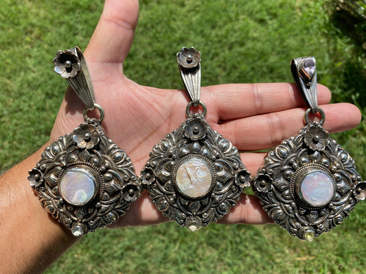Large Pearl Tibetan Silver Pendant, Freshwater Pearl, Jewelry from Nepal, Hand Carved Pendant, Hill Tribe Jewelry, Pendant for Necklace