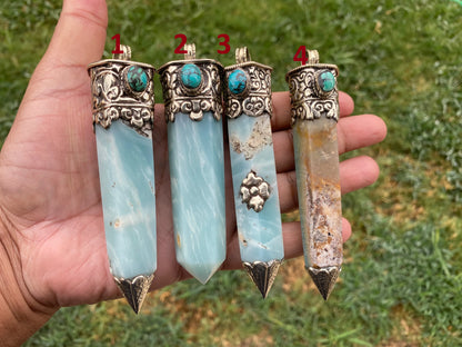 Large Pointed Amazonite with Natural Turquoise Tibetan Silver Pendant, Unique Design, Healing Crystal, Balancing Gem, Unique Jewelry